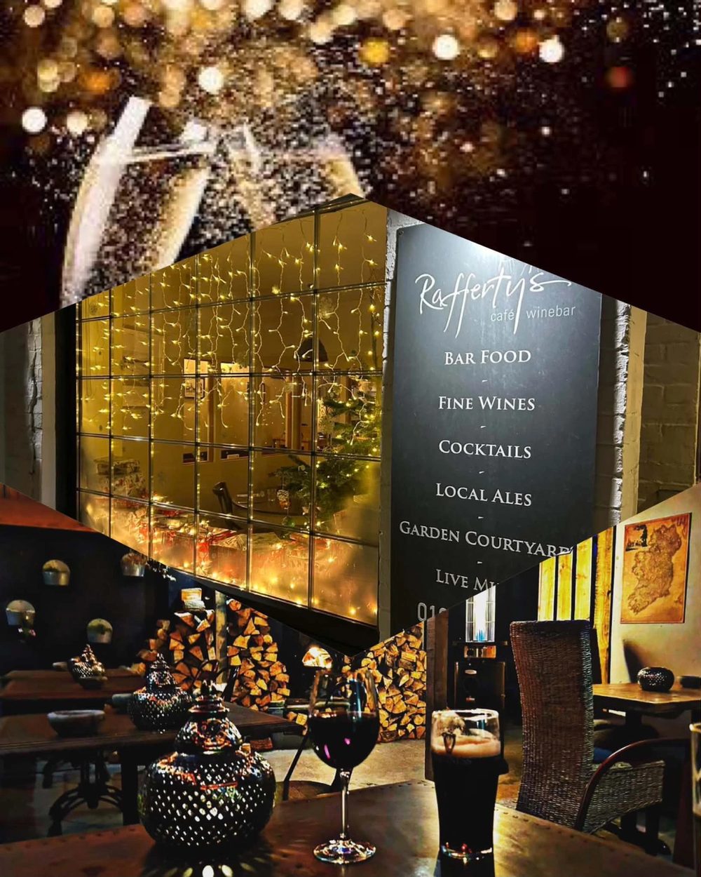 Rafferty's at Christmas: champagne glasses in golden light, the window hung with fairy lights beside the sign, and a candlelit table with a red wine and a pint