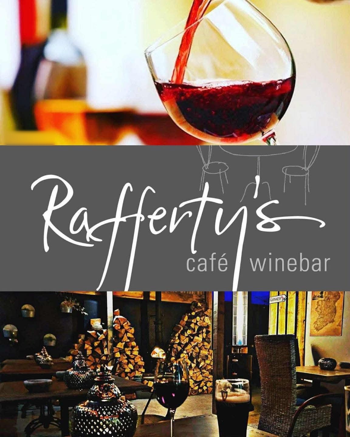 Rafferty's café wine bar: red wine being poured above the logo, the courtyard below
